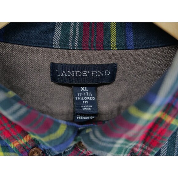 Flannel Shirt Plaid Button Cotton Lands End Size XL 17-17.5 Red Blue Tailored - Picture 3 of 7